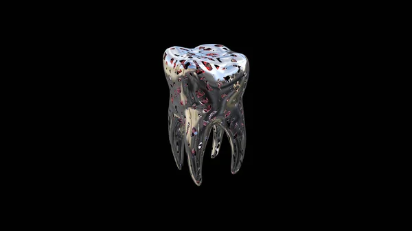 3D rendering of abstract colorful unusual tooth (human molar) with a red shining inside. Isolated on black — Stock Photo, Image