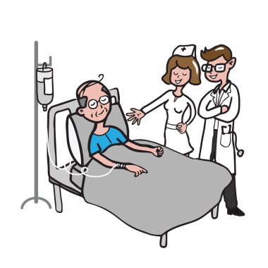Doktor ve hemşire yaşlı hasta karikatür çizim ile