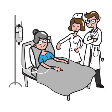 Doktor ve hemşire yaşlı kadın hasta karikatür ziyaret edin