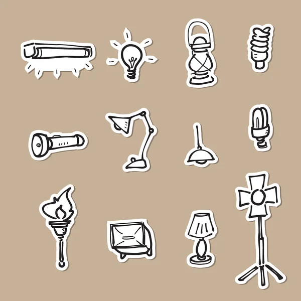 Conjunto de iconos de dibujo de lámparas e iluminación — Vector de stock
