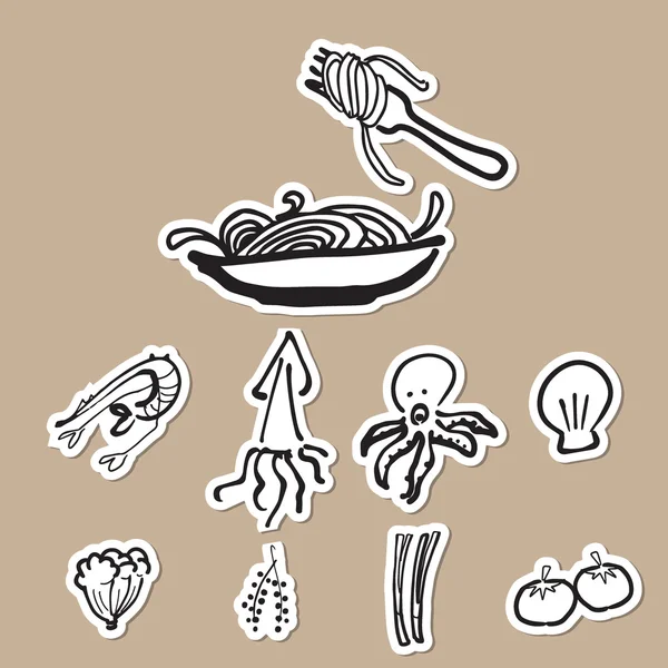 Spaghettis et ingrédients dessin animé papier découpé — Image vectorielle