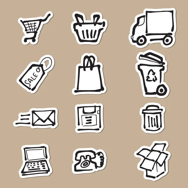 Supermercado e serviço de entrega desenho ícones de corte de papel — Vetor de Stock