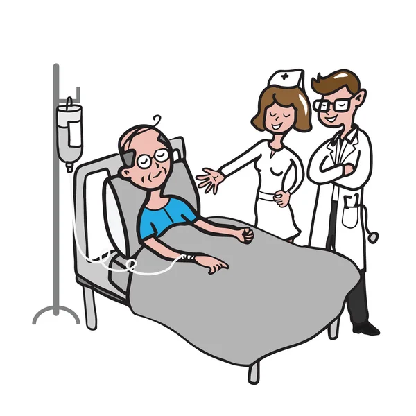Arzt und Krankenschwester mit alter Patienten-Cartoon-Zeichnung — Stockvektor