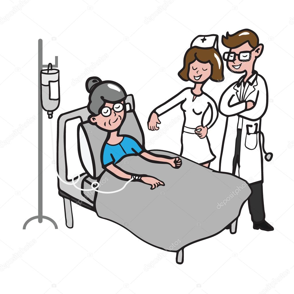Doctor and nurse visit old woman patient cartoon