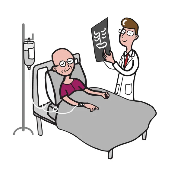 Médico con película de rayos X y paciente con quimioterapia — Vector de stock