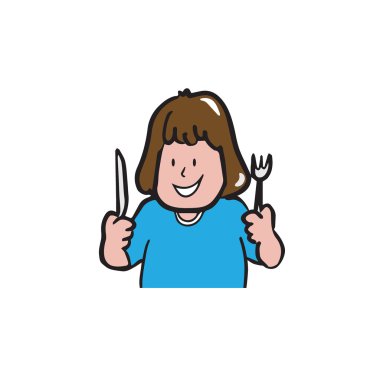 Bıçak ve çatal karikatür tutan iştah kadın