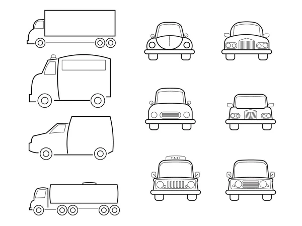 Autos Lieferwagen und LKW Linie Symbole gesetzt — Stockvektor