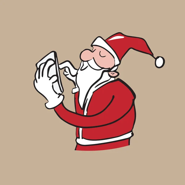 Santa dotýkání tabletu karikatura kreslení — Stockový vektor