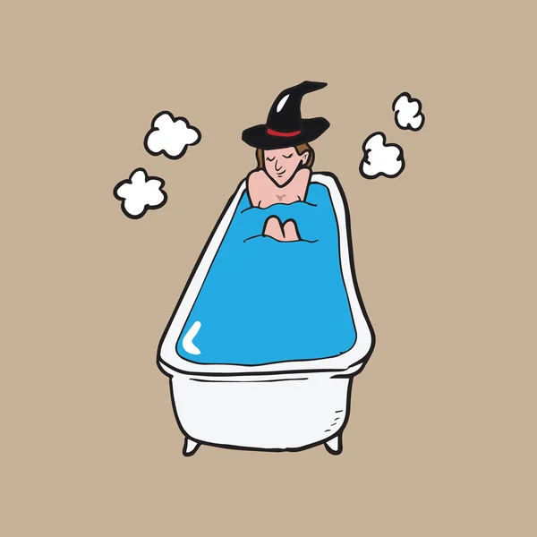 Baden in bath tub heks cartoon tekenen — Stockvector