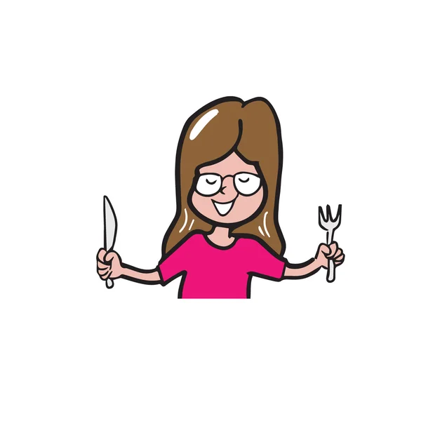 Appetite woman holding knife and fork cartoon — Stock Vector