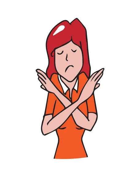 Woman gestures cross hands say no cartoon drawing — Stock Vector