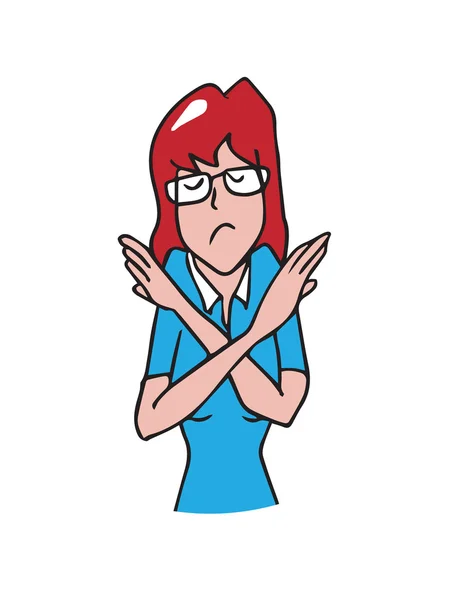 Frau gestikuliert Kreuzhände sagen Nein zu Cartoon-Zeichnung — Stockvektor
