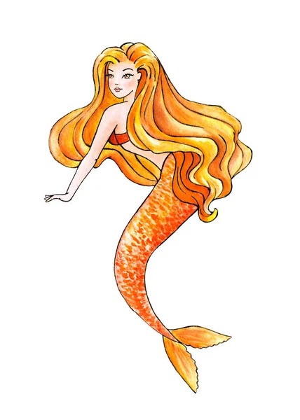 Beautiful Mermaid. Orange Girl. Watercolor illustration