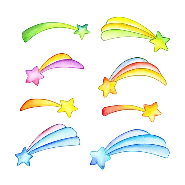 Multicolor falling stars. Funny cartoon stars. Watercolor illustration