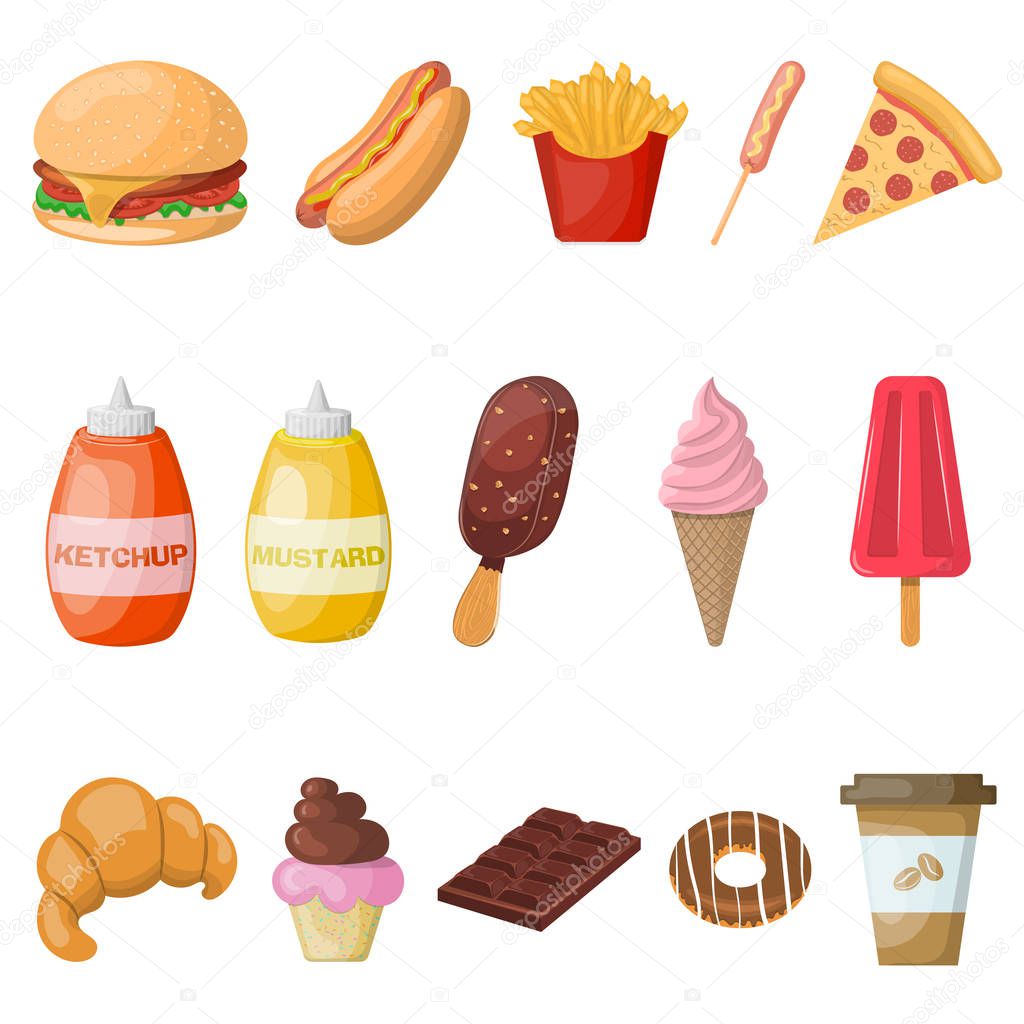 Set of colorful cartoon fast food icons.