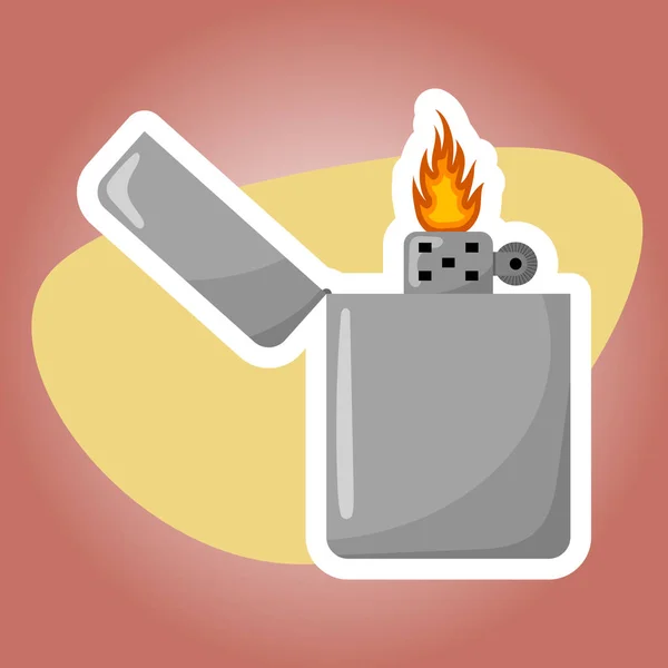 Silver gasoline lighter with burning flame — Stock Vector