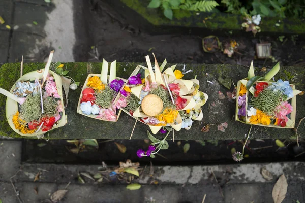 Traditional balinese offerings in a basket in Ubud, Bali, Indonesia Stock Picture