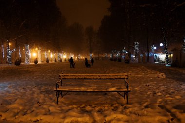 Zagreb, Hırvatistan: 6 Ocak 2016: karda gece boyunca Zrinjevac parkı Zagreb'nda kışın kar, Hırvatistan, Avrupa ile oynarken aile