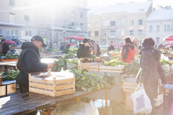 Zagreb, Croacia: 7 de enero de 2016: Hombre clasificando verduras en el mercado Dolac durante el invierno con nieve —  Fotos de Stock