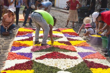 Yerli çiçek halı Arnavut kaldırımlı sokaklarda alayı San Bartolome de Becerra Antigua, Guatemala için çalışma