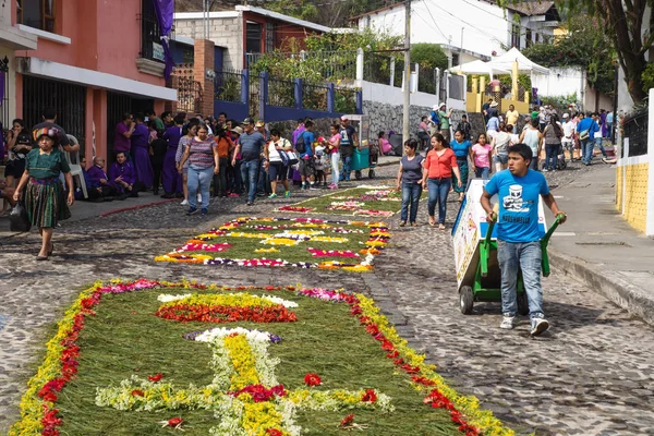 Turist alfombres seyir, Arnavut kaldırımlı sokaklarda alayı San Bartolome de Becerra Antigua, Guatemala için çiçek halı