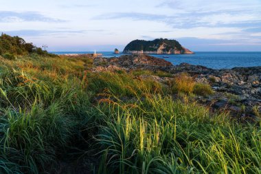 Sunshined otlak ve gün batımı sırasında deniz feneri, Seaseom, Seogwipo, Jeju Adası, Güney Kore