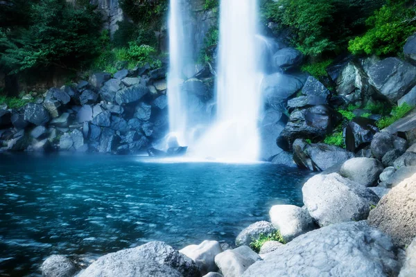 Bottom of Joengbang waterfall with long exposure in Seogwipo, Jeju Island, South Korea