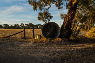 Grampian Dağları, Victoria, Avustralya outback bir çiftlik evinde kapı ile bir çit boyunca paslı tun