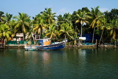Kerala kanalı boyunca uzanan okyanus balıkçı teknesi Alappuzha ve Kollam, Hindistan arasında palmiye ağaçları bulunan durgun kıyılar.