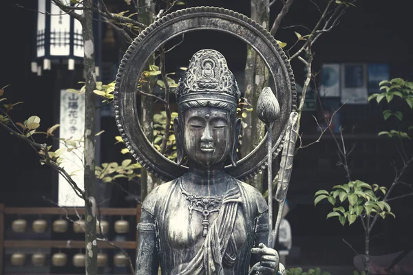 Statua di Buddha con foglie verdi al tempio Daishion a Miyashima, Giappone — Foto Stock