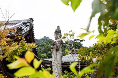 Japonya Miyashima 'daki Daishion Tapınağı' ndaki türbeler ve ağaçlar arasındaki Buda heykeli.