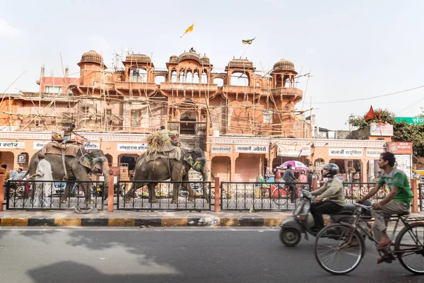 Painted elephants for the Holi Elephant festival riding through the busy traffic along a construction site of the city in Jaipur, Rajasthan, India — Stock Photo, Image