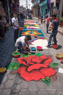 Semana Noel Baba için alfombra, talaş halısı, Santiago Atitlan, Guatemala, dikey Paskalya