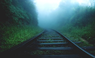 Dark blue railway tracks through foggy jungle forest, Ella Sri Lanka