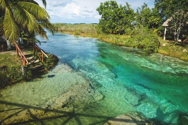 Sunny seven colored lagoon surrounded by tropical plants in Bacalar, Quintana Roo, Mexico