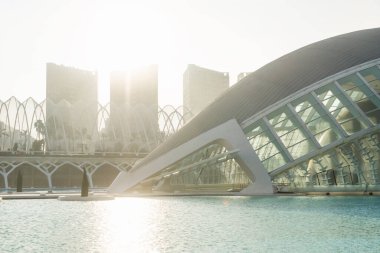 Valencia, Spain - 17 February 2020: Hemispheric with cityscape and backlight in the City of Arts and Sciences designed by architects Santiago Calatrava and Felix Candela