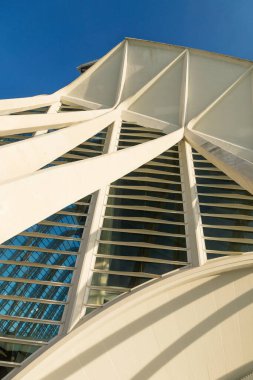 Valencia, Spain - 17 February 2020: Detail of the facade of Science Museum 'Princep Felip' in the City of Arts and Sciences designed by architects Santiago Calatrava and Felix Candela