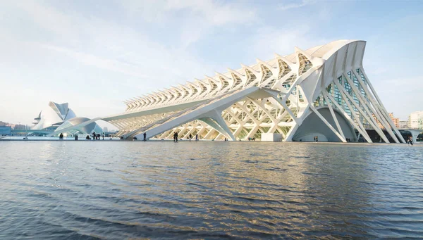 Valencia, Spain - 17 February 2020: View over the water to the City of Arts and Sciences designed by architects Santiago Calatrava and Felix Candela
