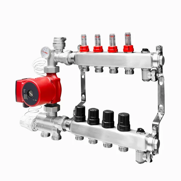 Manometer, pipe, flow meter, water pumps and valves of heating system isolated on white.