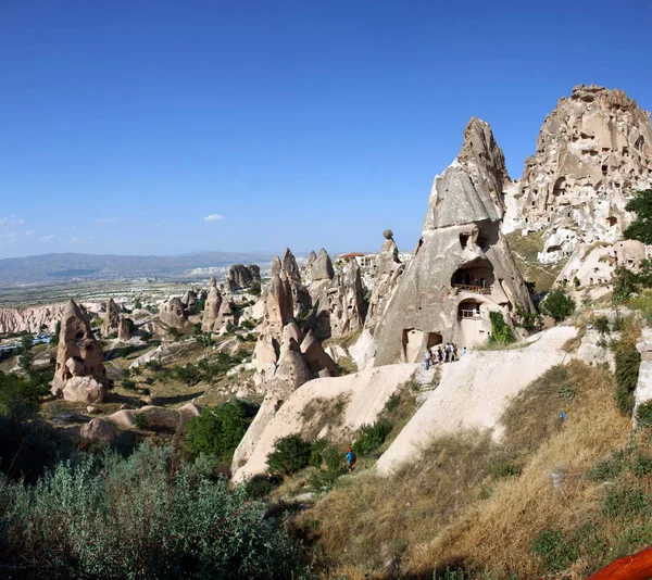 Kőfaragott házak, Galamb-völgy, Uchisar, Cappadocia, Törökország — Stock Fotó