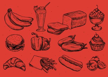 Farklı elle çizilmiş gıda kümesi.