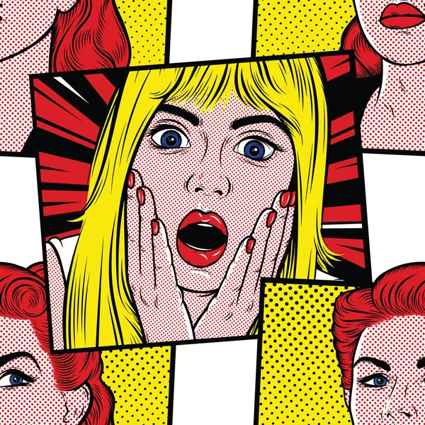 Pop art surprised blond woman — Stock Vector