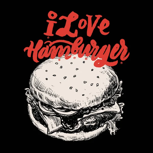 Eu amo Hamburger esboço da mão — Vetor de Stock