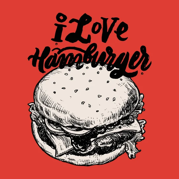 Eu amo Hamburger esboço da mão — Vetor de Stock