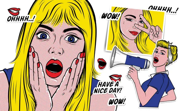 Pop Art überraschte blonde Frau Gesicht mit offenem Mund. Komikerin mit gelben Haaren. Werbeplakat im Retro-Stil. Vektor-Illustration für Designs: Plakat, Einladung, Banner, etc. — Stockvektor