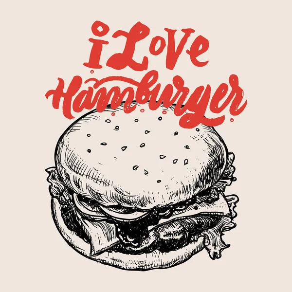 Eu amo Hamburger esboço da mão — Vetor de Stock