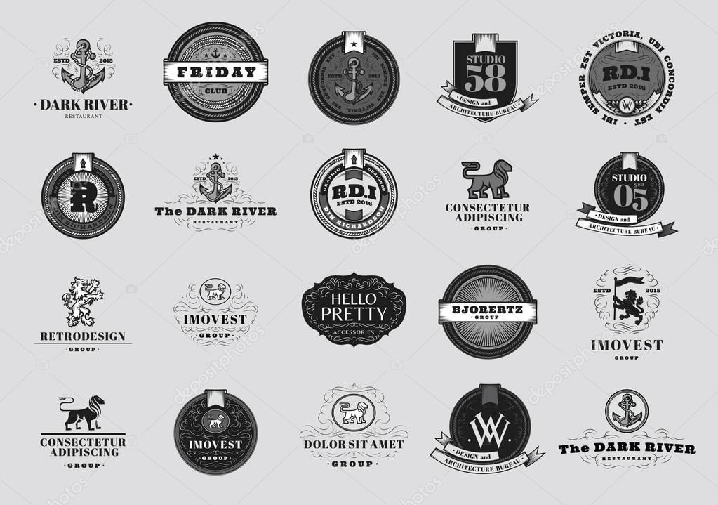 Retro Vintage Emblems and Logotypes set. Design elements, business signs, logos, labels and badges for your Designs: Logo, for Poster, Invitation, Business Card, etc. Vector Illustrations.