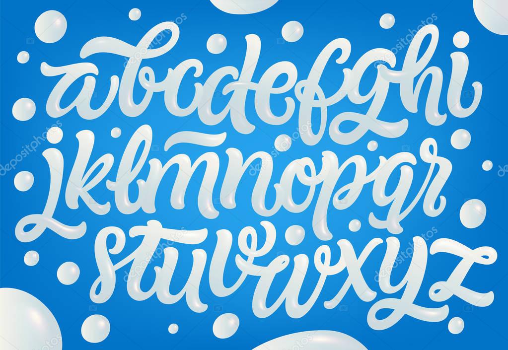 Milk, yogurt or cream alphabet set. White letters on blue background. Hand lettering set. Dairy design element. Vector eps 10 for packaging design.