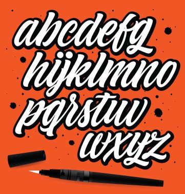 El yazısıyla yazılan yazı vektör yazı tipi alfabe turuncu zemin üzerine. Vektör grafiti yazı. Grunge tarzı.