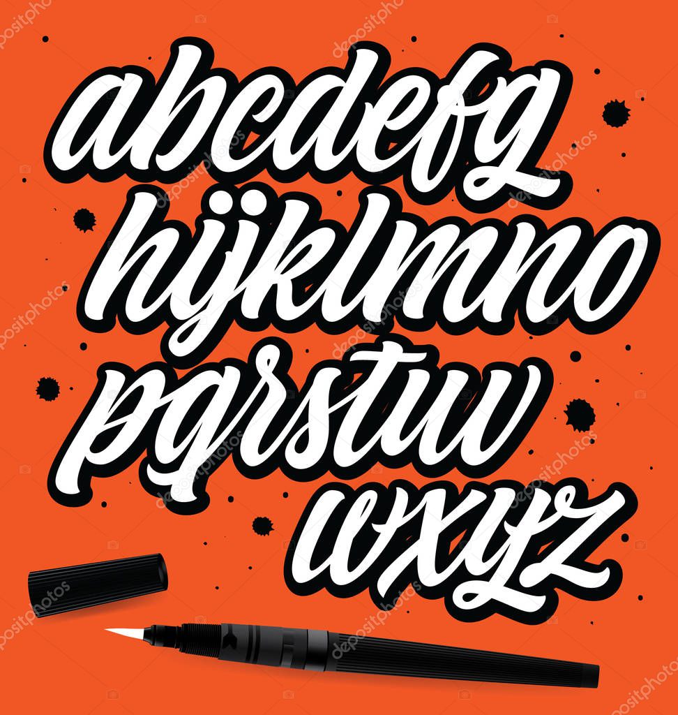 Handwritten lettering vector font alphabet on orange background. Vector graffiti typeface. Grunge style.